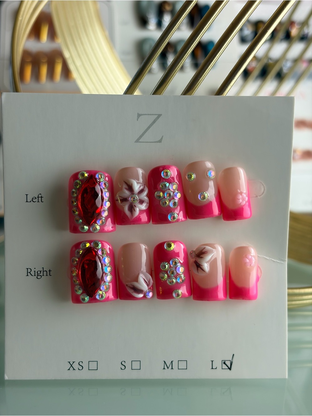 Pink Crystal Floral Baby Duck Press-On Nail Set Large
